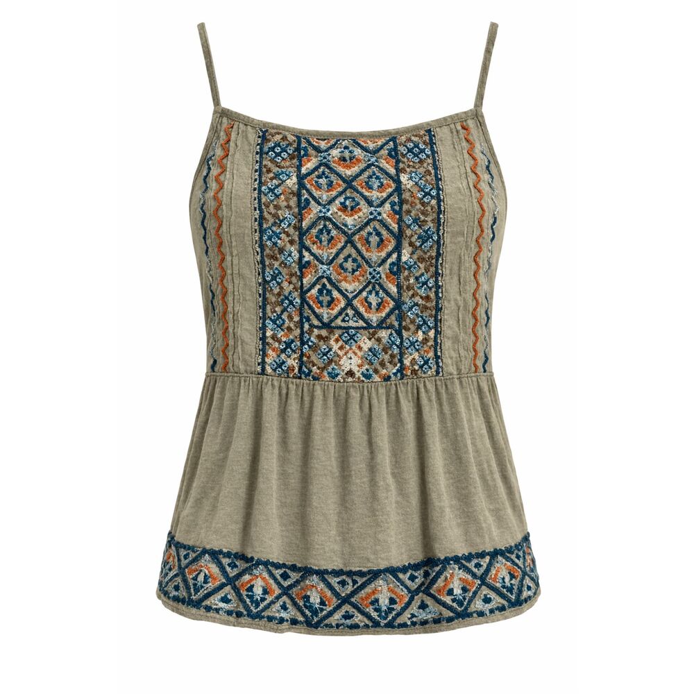 Lucky Brand Embroidered Boho Tank Top Size L Green Flowy Festival